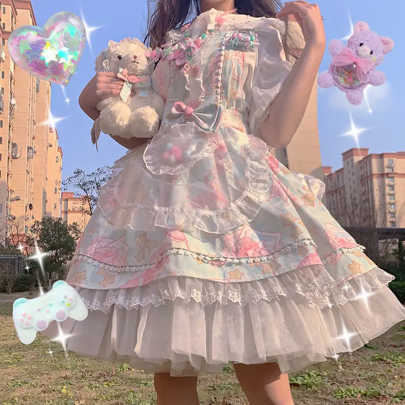 

Fashion Summer Patchwork Lace Net Yarn Bow Angel Pig Guli Lolita Sweet Lovely Contrasting Colors Puff Sleeve Camisole Skirt