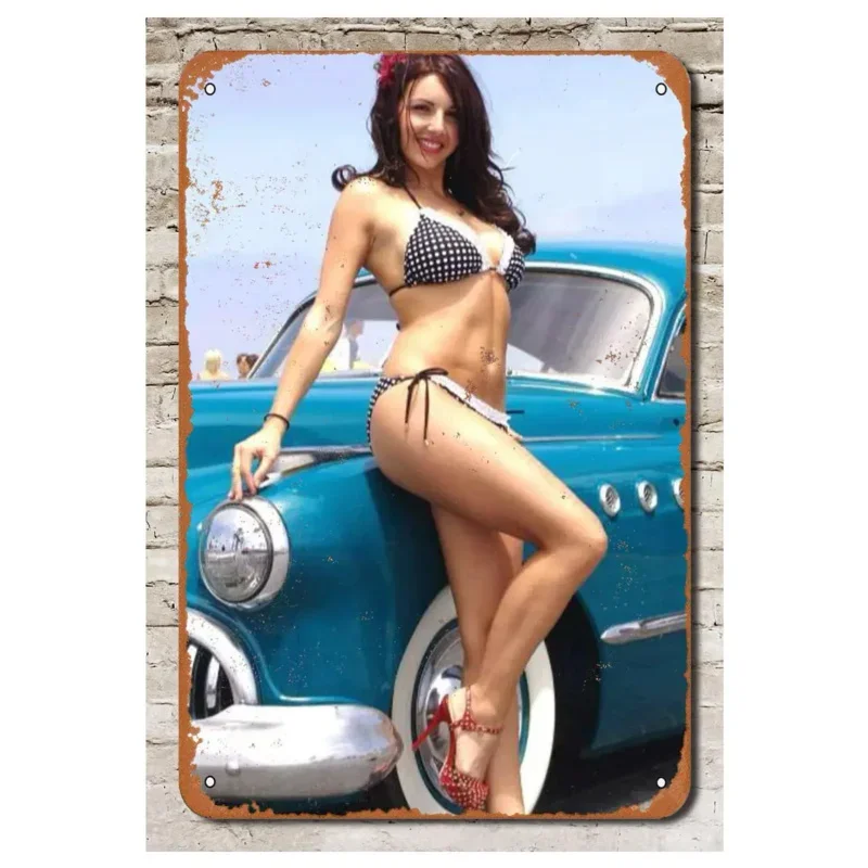 Pinup car model metal tin signs sexy girls wall plaque vintage iron painting decoration for Home Cafe Game Room club bar