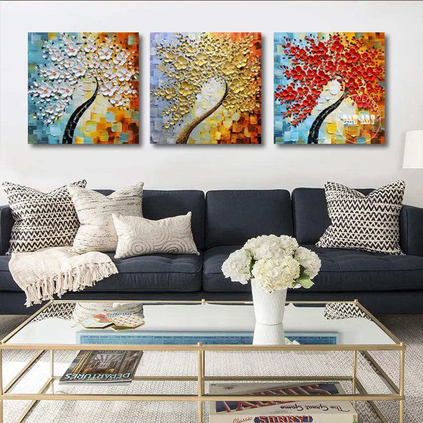 Thick Acrylic Flowers Picture, High Quality Oil Paintings 3PCS Abstract Palette Knife Canvas Art Drawing, No Framed Wall Hanging