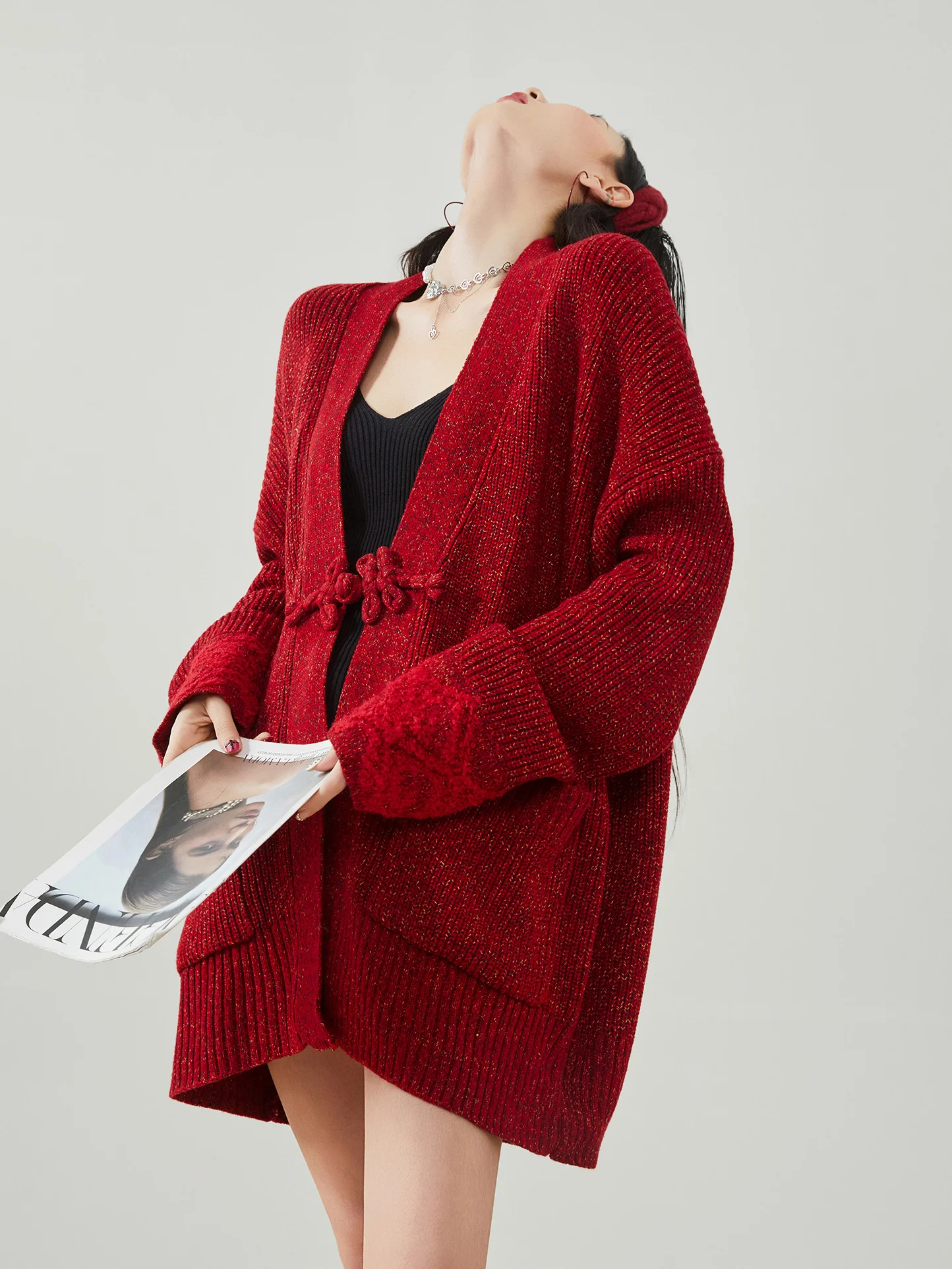 

Loose Long Sve Knitted Cardigan Women's Red Dragoy Button Sweater Outerwear Trendy Commute Sle Polyester Fiber