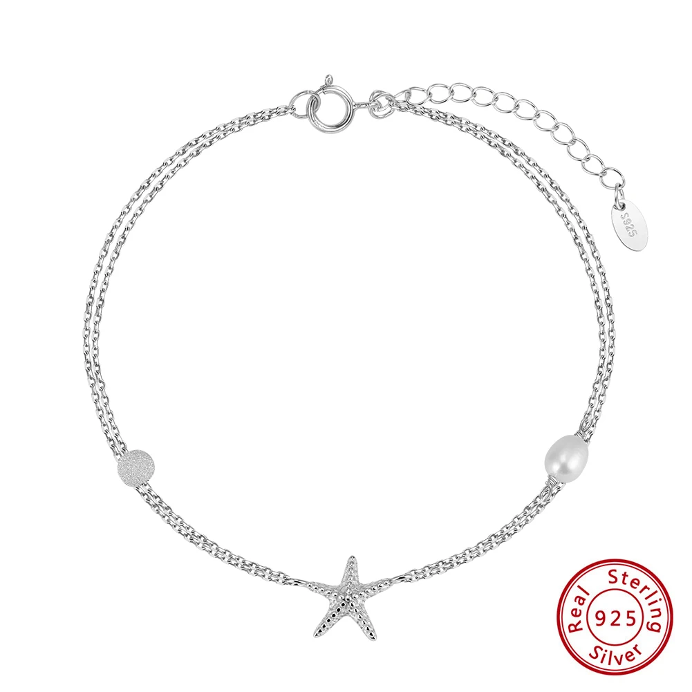 

Простой браслет на ногу KISS MANDY с морской звездой, из стерлингового серебра 925 пробы, с натуральным жемчугом, многослойная цепочка на ногу, пляжные украшения, подарок на отпуск SA101