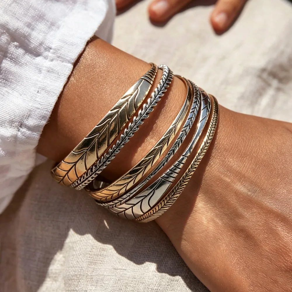 6pcs Set Fashion Retro Weathered Feather Texture Layered Bangles Set for Women Vintage Boho Cuff Bracelet Jewelry Sets Gifts