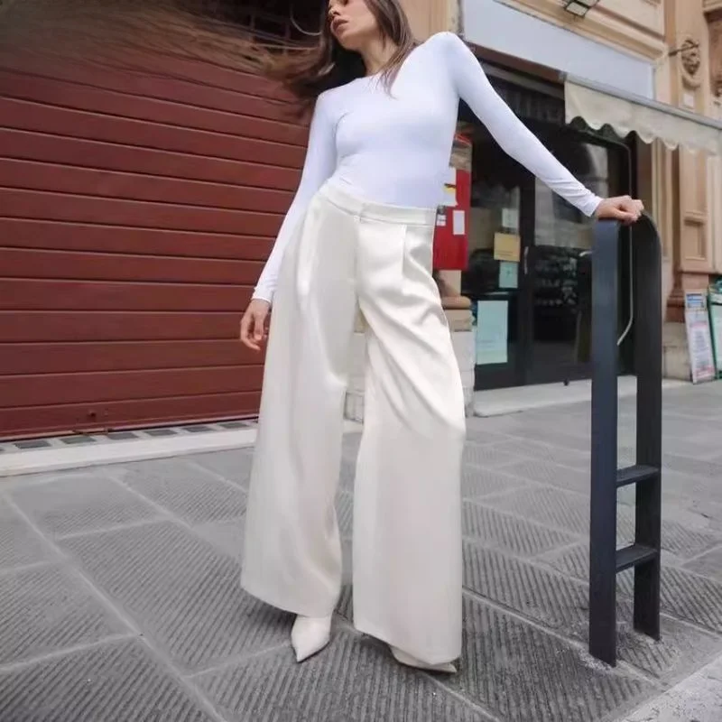 

Fall 2024 Women's Faion Slim Fit Long Sve round Ne Jumpsuit Simple Versatile High Waist Wide Leg Pants Commute Sle