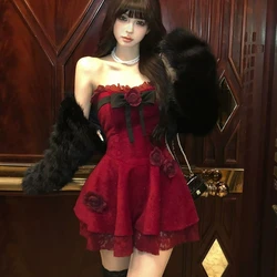 Gothic Y2k Lolita Style 2 Piece Sets Women Sexy Warm Plush Short Coat Rose Flower Bow Mini Dress Japan Fashio Elegant Skirt Suit
