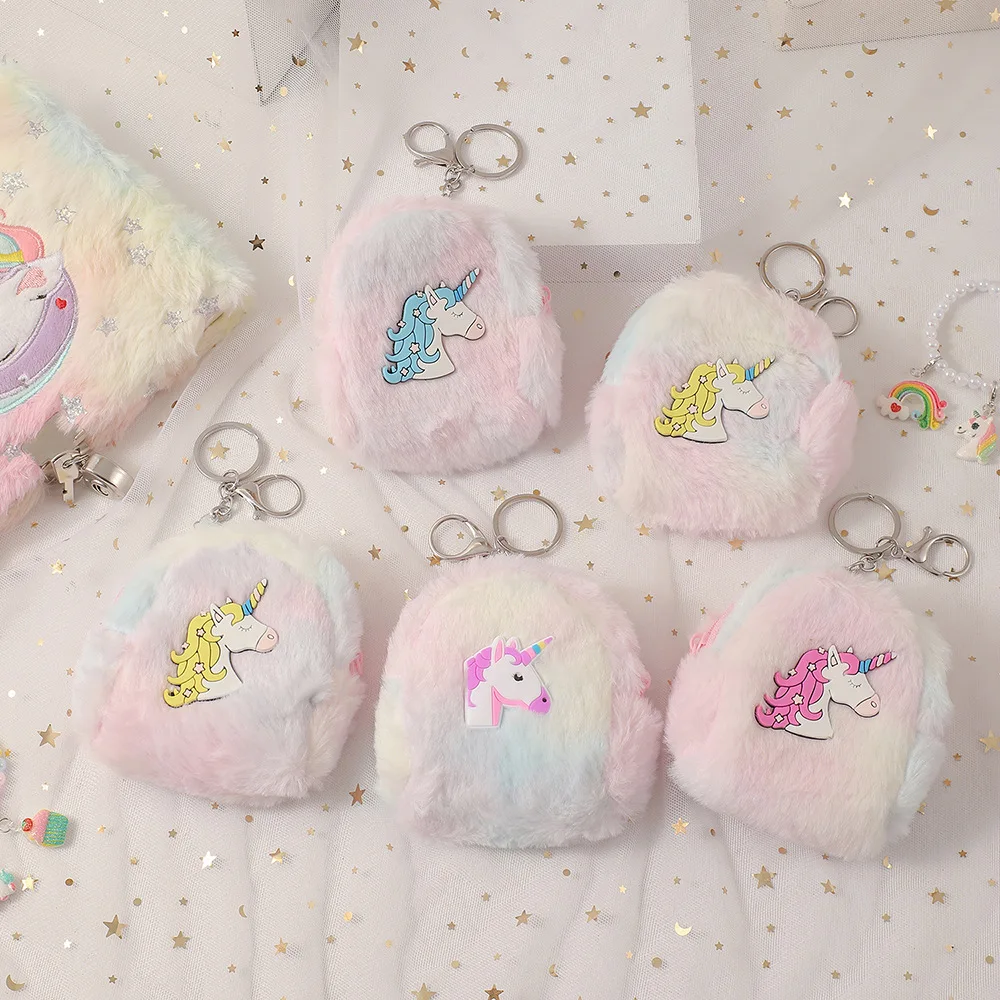 Cartoon Unicorn Plush Wallet Headset Keys Storage Bag Plush Keychain Pendant Coin Purse Gift for Girls Bag Hangings Money Pouch