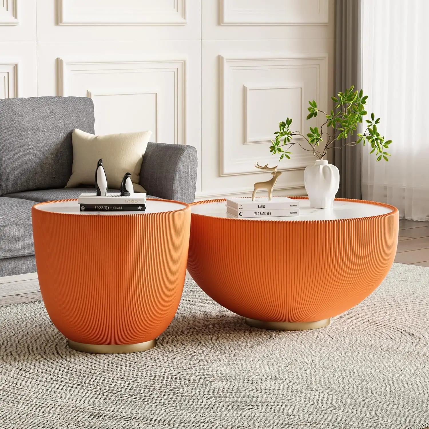 29.53" Orange Round Drum Coffee Table - Sintered Stone Tabletop, Fluted PU Leather Cover & Metal Base,