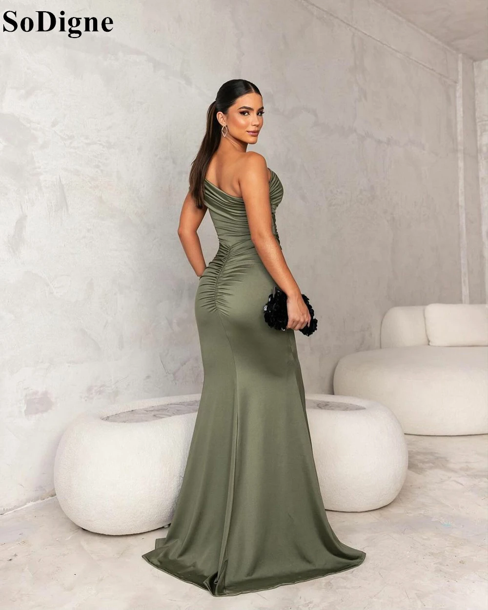 SoDigne Olive Green Satin Evening Dresses Mermaid One Shoulder Draped Side Slit Simple Party Dress Formal Occasion Prom Gowns