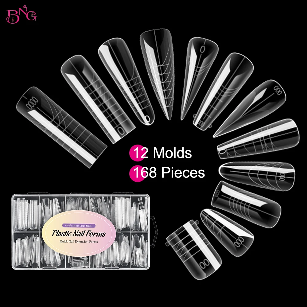 

BNG Dual Forms for Poly Builder Gel 168 шт. многоразовые формы для ногтей 12 стилей, акриловые формы для наращивания салона, маникюра «сделай сам»