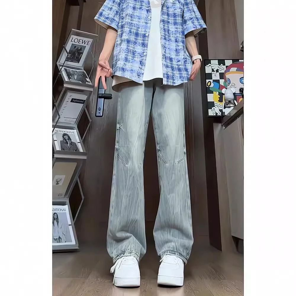 

Retro Blue Jeans Men's Summer Thin American High Street Straight Pants Trendy Pants