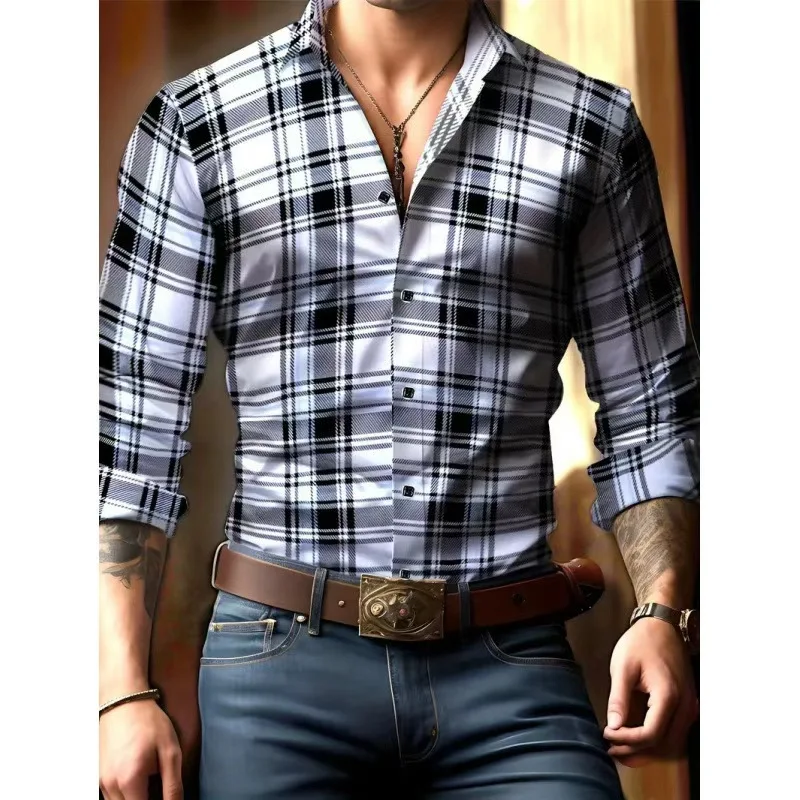 Retro Plaid Long-sleeved Shirt Men's Spring And Autumn Casual Versatile 3D Digital Printing Four-sided Elastic Shirt