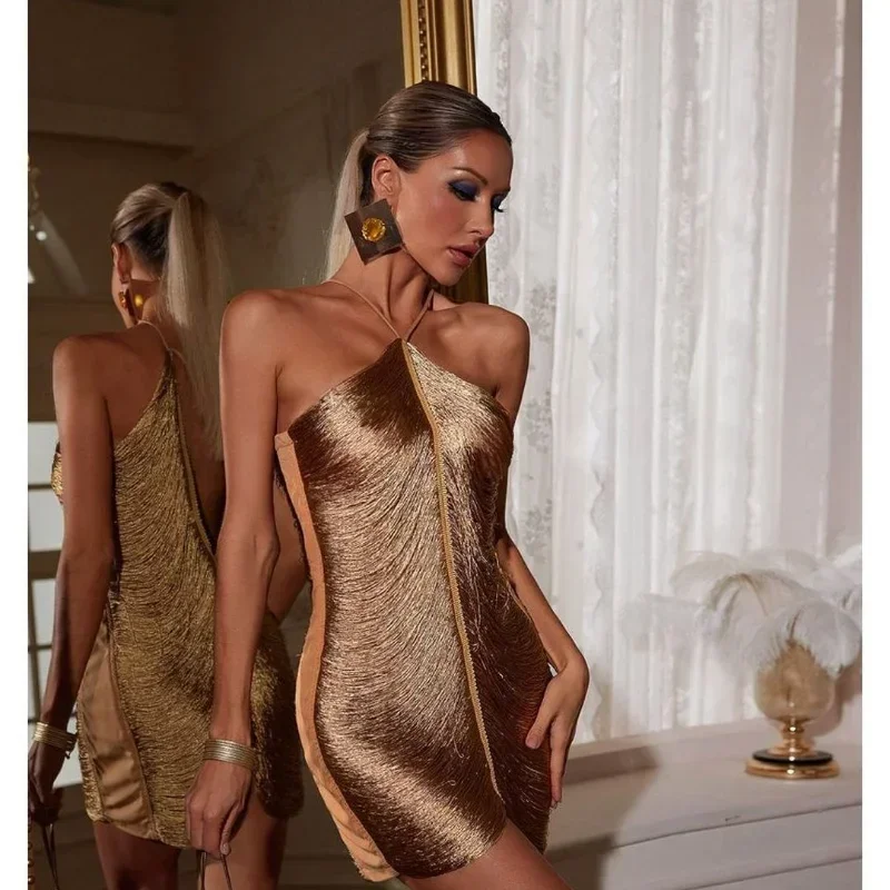 

Fringe V-neck Mini Dress Halterneck Vestidos Women Elegant Cut Out Short Dress Fashion Patchwork Asymmetric Tassel Decor Dresses