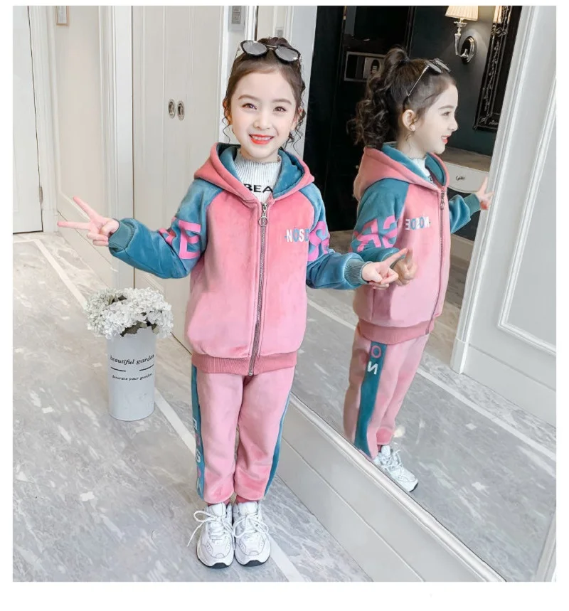 Winter Girls Full Fleece Contrast Alphabet Zip Sweat Jacket+Pant School Kids Tracksuit Child Jogger Outfit Workout Sets 5-14 Yrs