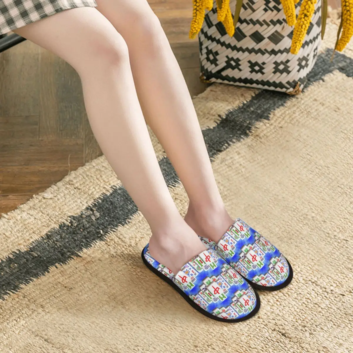Custom Mahjong Tile Pattern Slippers Memory Foam Warm Soft Women House Slipper Indoor Comfy Shoes