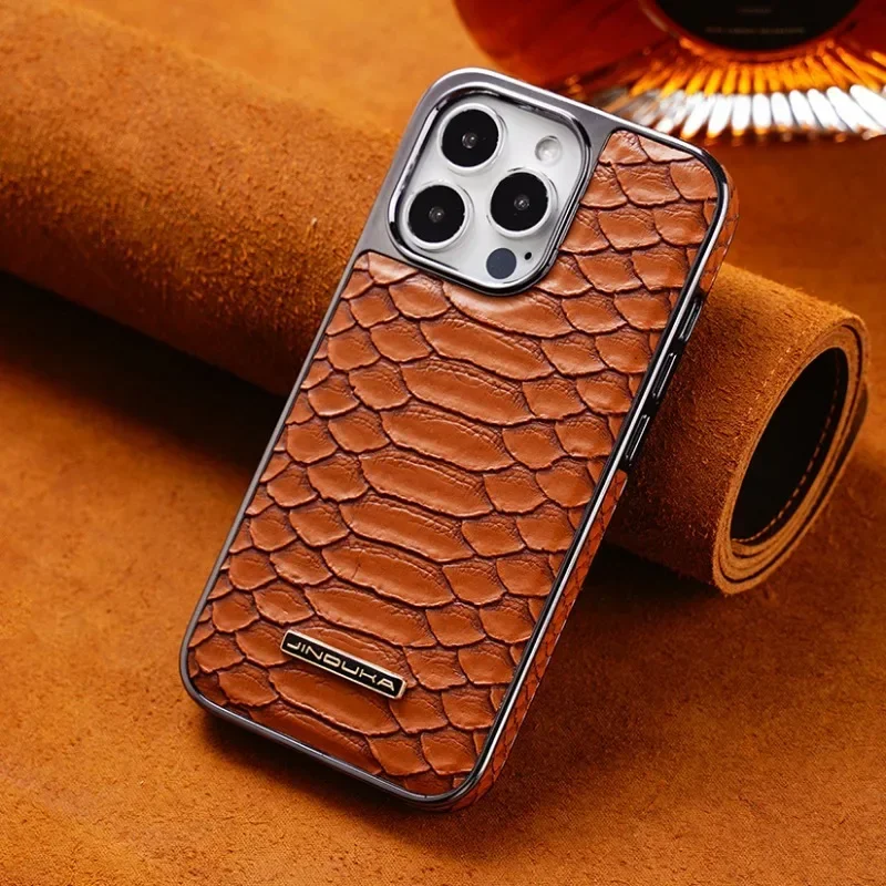 Luxury Python Texture Leather Electroplating Phone Case For iPhone 15 Pro Max 14 Plus 13 12 Back Cover with Built-in Flannel