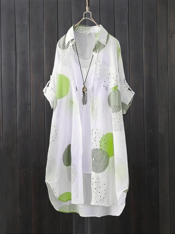 Damen Loose Long Sve Bedruckte irt Frühling Sommer UV-Schutz Casual Sle Polyester Stoff Mittellange Oberbekleidung