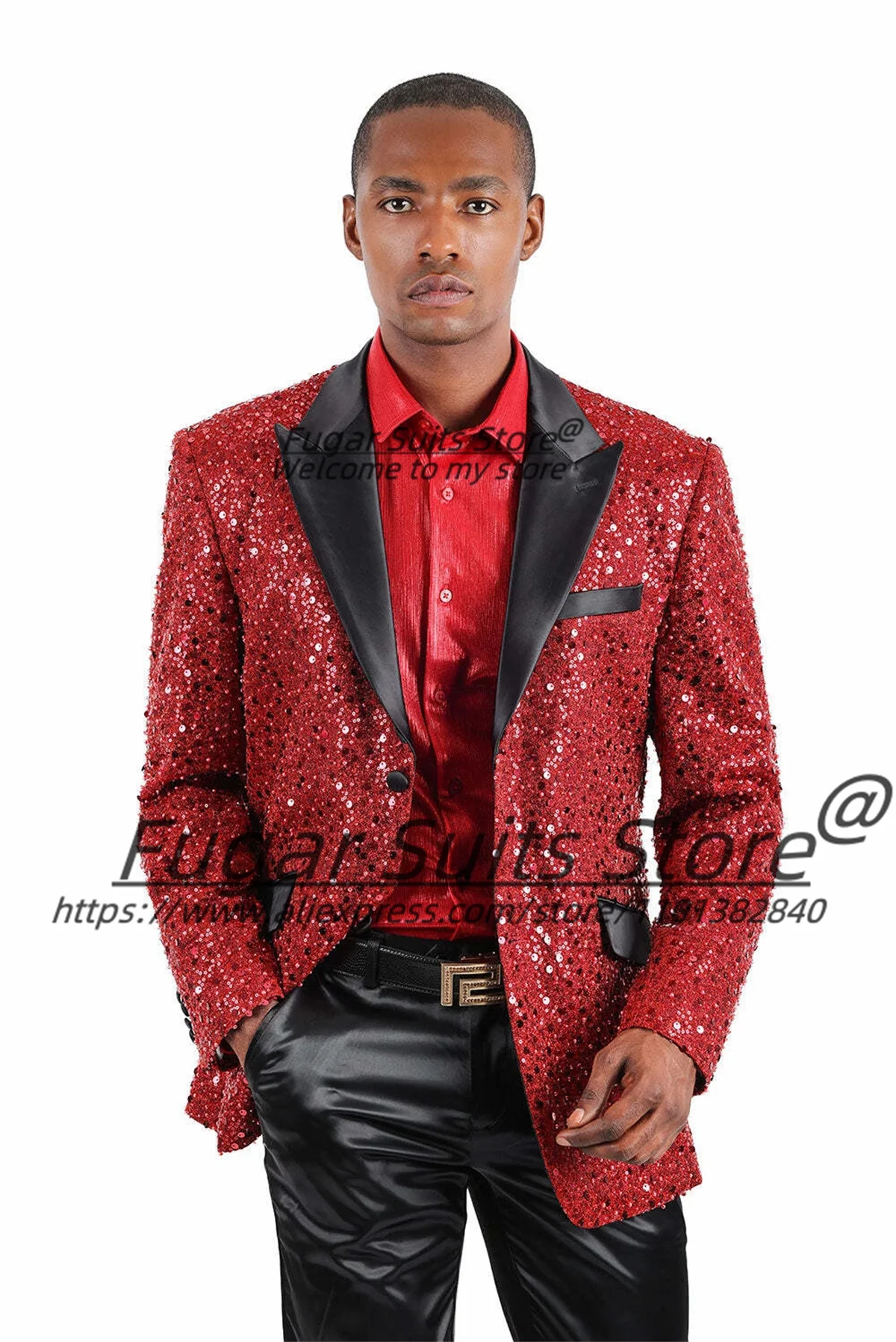 

Customized Shiny Sequins Satin Men Suits Slim Fit Peak Lapel Groom Wedding Tuxedos 2 Pieces Sets Male Prom Blazers Ropa Hombre