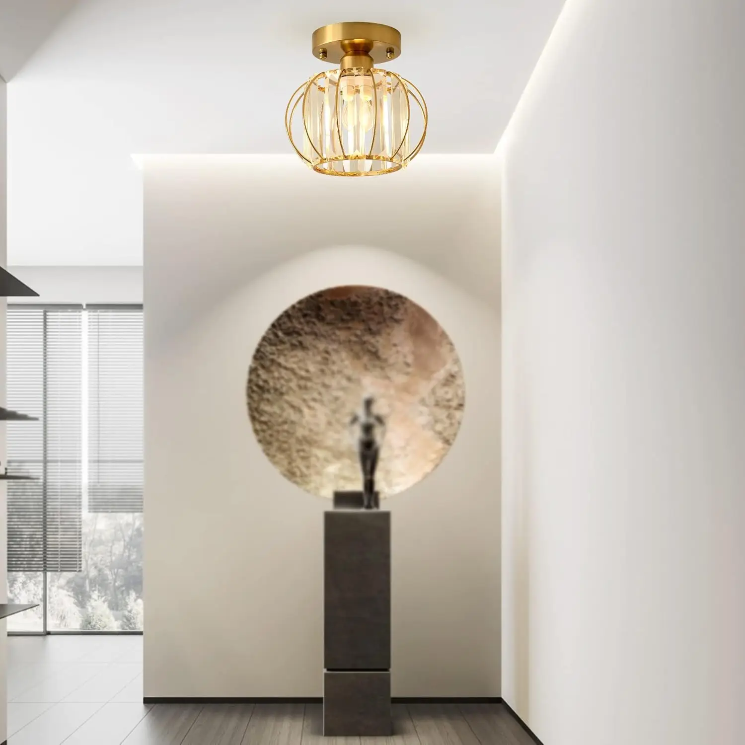 مصباح سقف كريستالي، مصباح سقف صغير E27، إضاءة سقف معدنية، إضاءة داخلية شبه راحة (ذهبي، لمبة غير متضمنة) #4