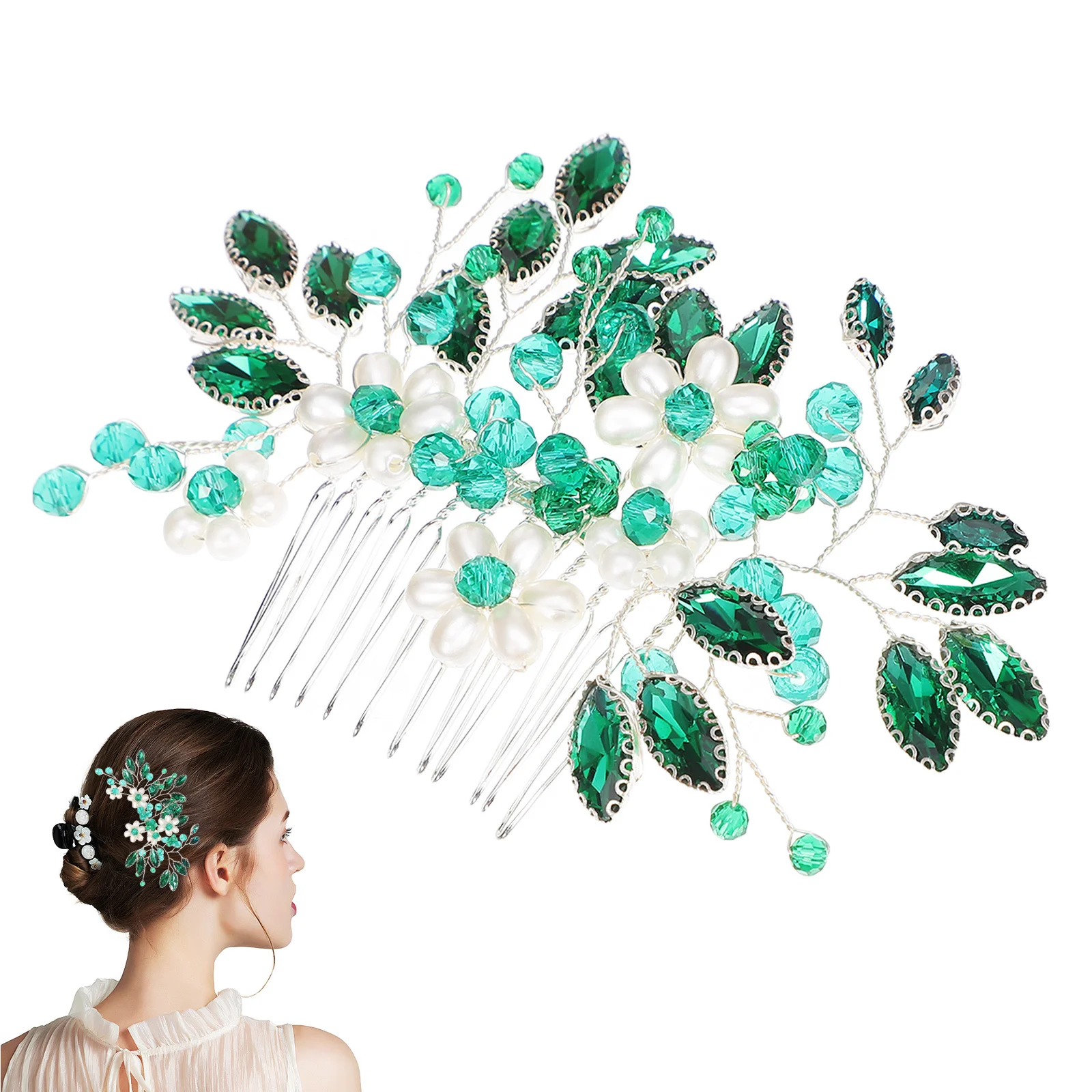 مشط زهور كريستالي، مشط جانبي أخضر مصنوع يدويًا للنساء، إكسسوارات شعر الزفاف، غطاء رأس على شكل ورقة شجر، دبوس مزخرف للحفلات الراقصة #5