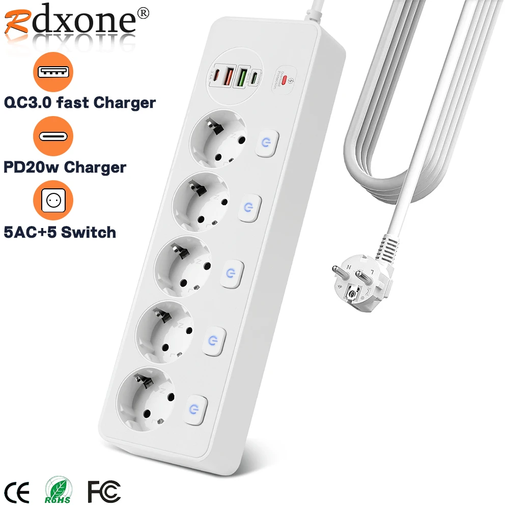 

Power Strip Multitap Extension Cord Electrical Socket With 4 USB Ports Fast Charge Multiprise Network Filter Individual Switch.