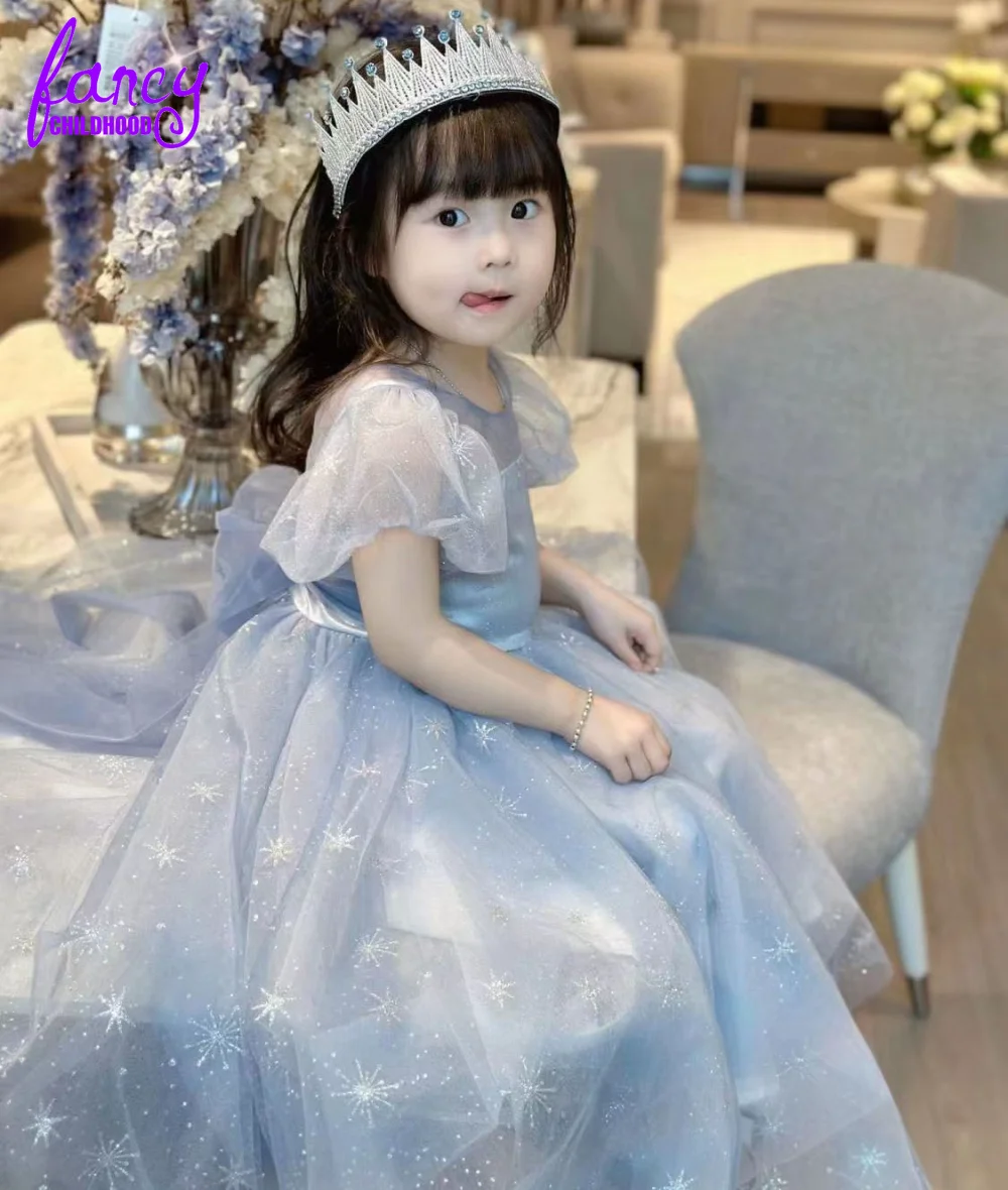 Summer Light Blue Princess Cinderella for Kids Girls Big Bow Stars Tulle Dress Child Wedding Birthday Party Ball Gown 3-10T