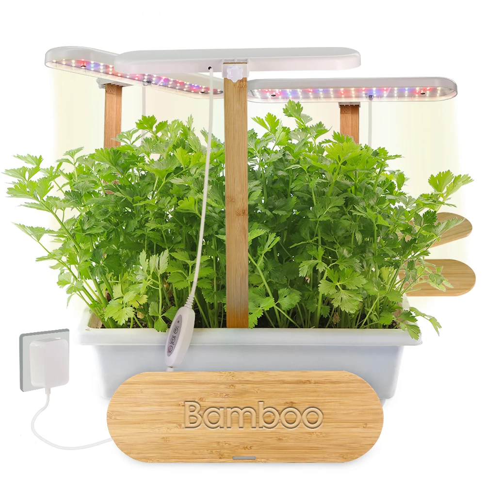 

Auto Timer Plant Grow LED Grow Lights Bamboo Tray Stake Adjustable Height 4 Dimmable Brightness Hydroponics System Indoor Garden