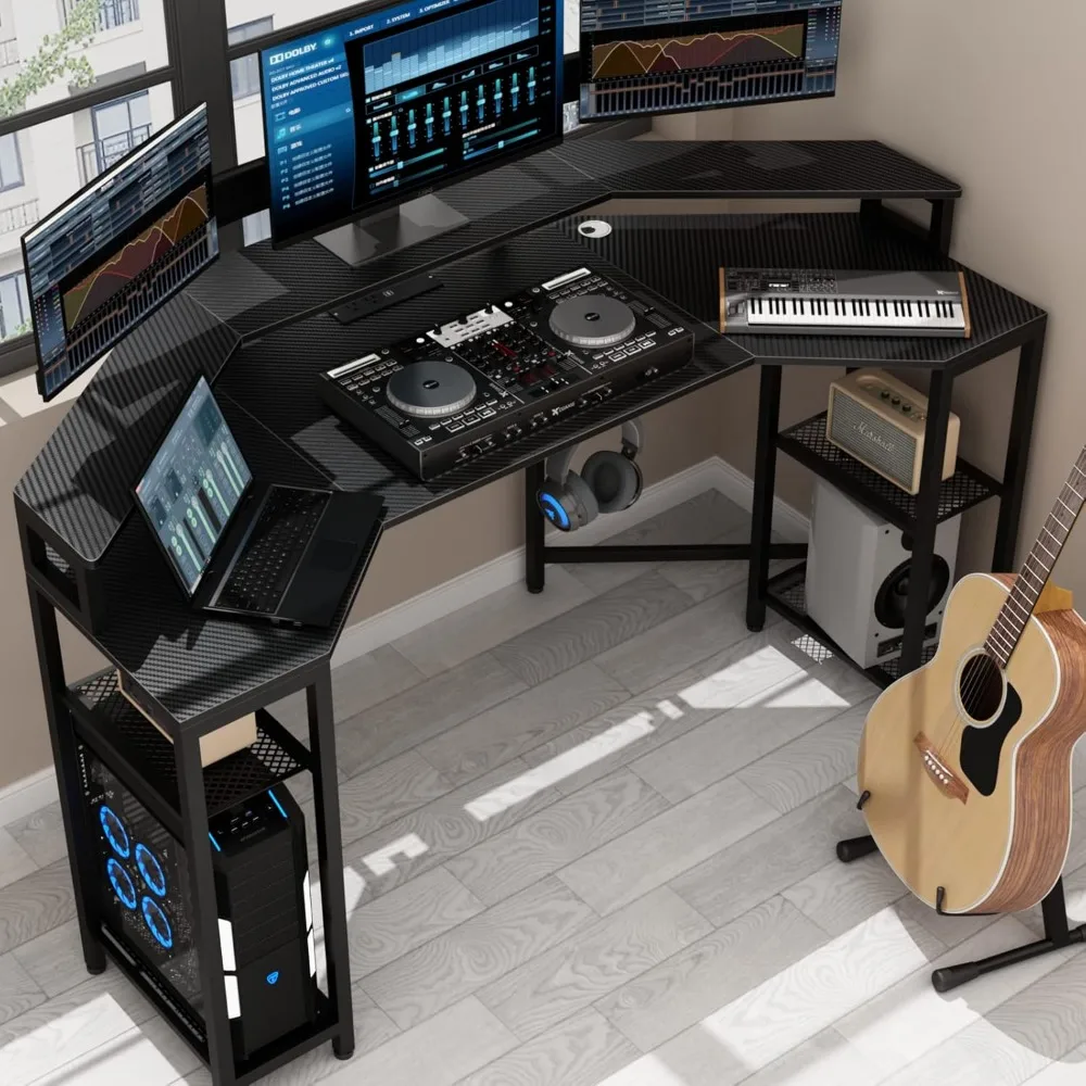 Computer Desk with Power Outlet & Led Light, 63" Large Wing-Shaped Gaming Desk with Full Monitor Stand, Wireless Charging, RGB