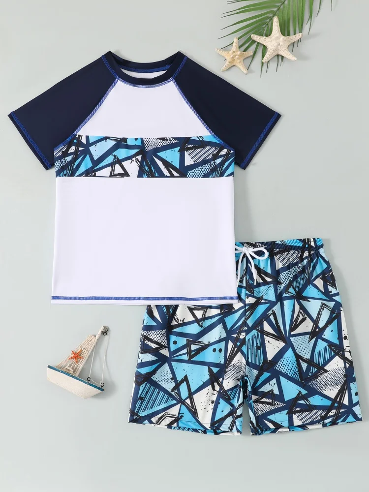 Boy Kids Swimsuit 2026 New White Blue Geometry Short Sleeves Children Swimwear Summer 2 Piece Beach Shorts Bathing Suit Swimming