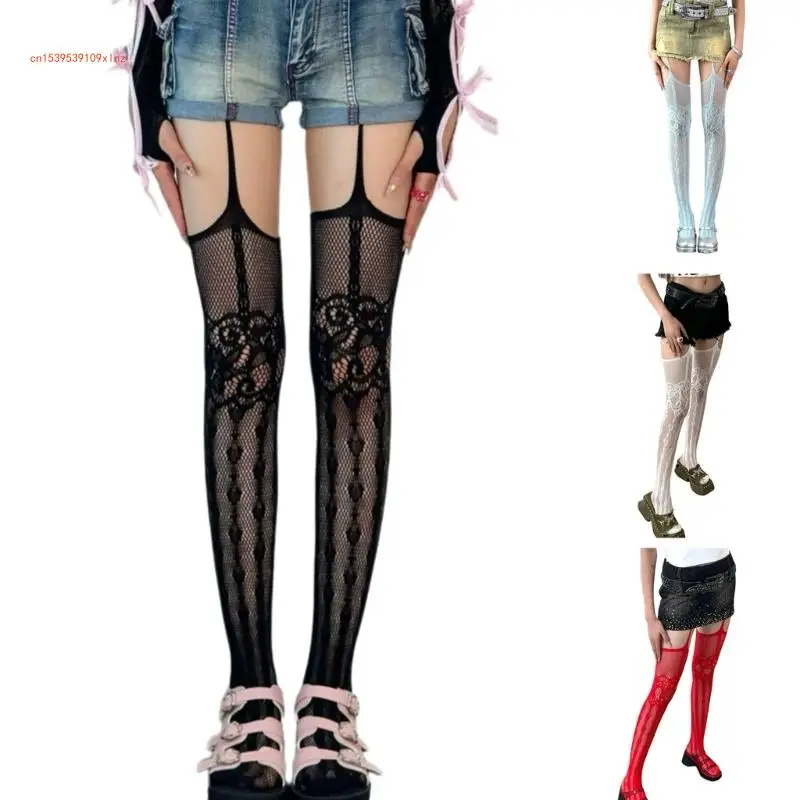 Women Subculture Punk Heart Pattern Suspender Tights Fishnet Thigh High Stocking