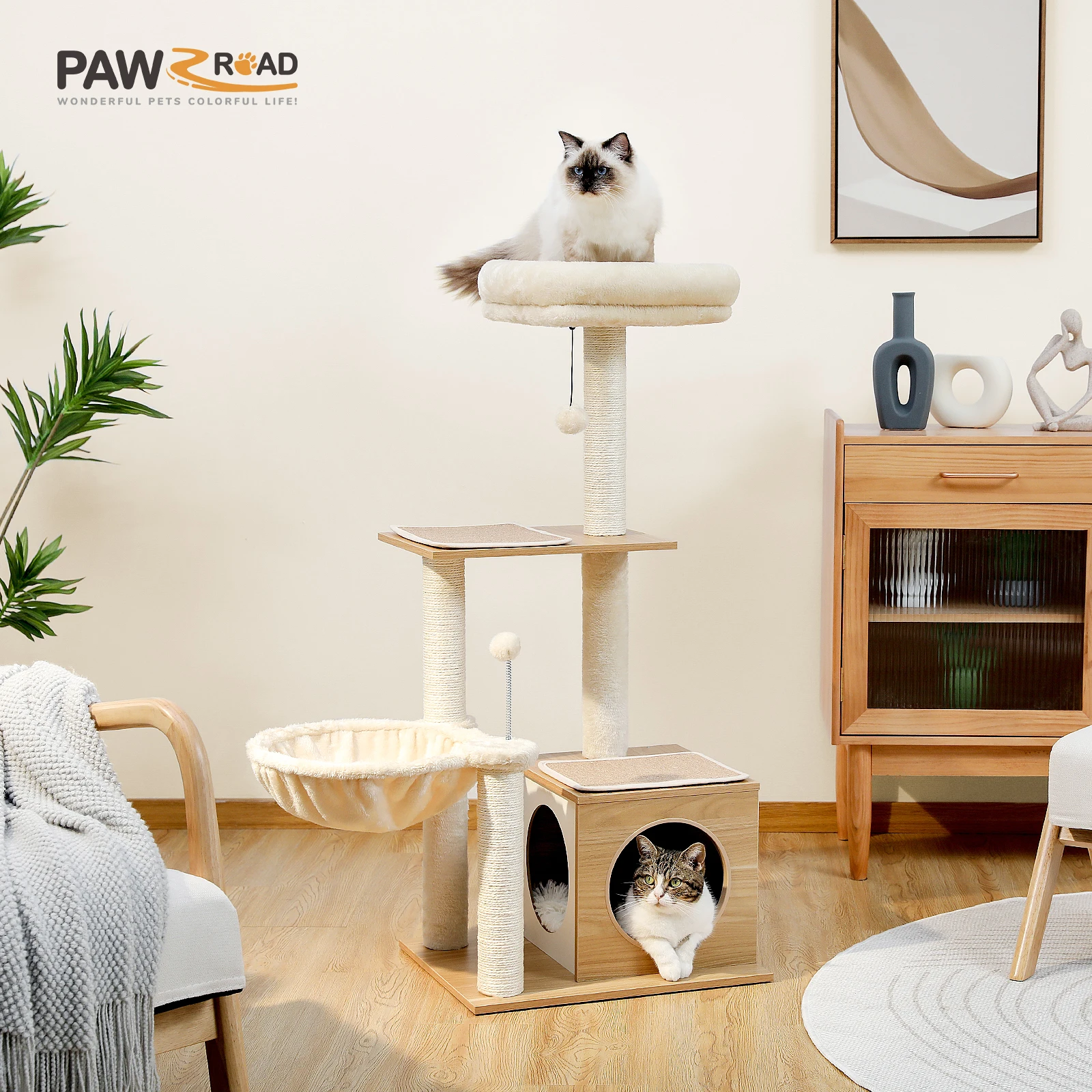 

H110cm Modern Cat Tree Wooden Sisal Scratching Posts for Cats Kitten Multi-Level Tower Hummock Condo rascador gato arbre à chat