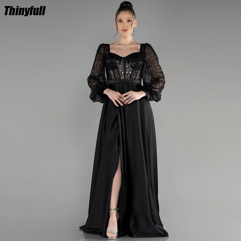 

Thinyfull Black Prom Dresses A-line Sweetheart Long Sleeves Sequined Evening Party Gown Satin Split Formal Occasion Dress 2024