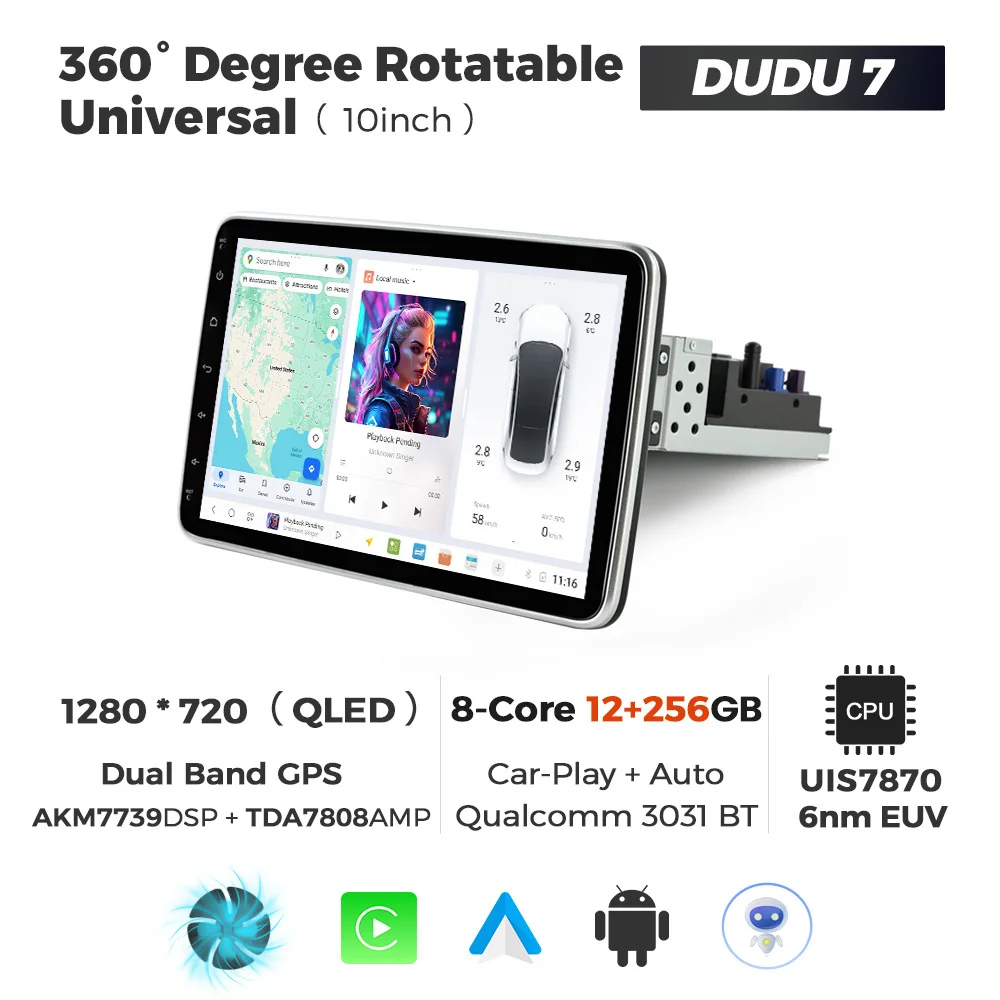 DUDUAUTO DUDU7 UIS7870 Universele 10 "autoradio 1din Android 13 Carplay Android Auto Draaibaar scherm 4G BT FM-radio-ontvanger DSP