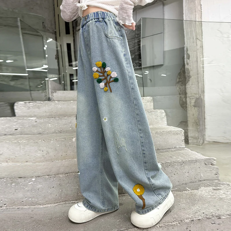 رائجة البيع الاطفال موضة الجينز الأزرق مع يزين لفتاة جديد أنيق الدينيم السراويل سليم صالح فضفاض الجينز بنطلون للمراهق 4-14