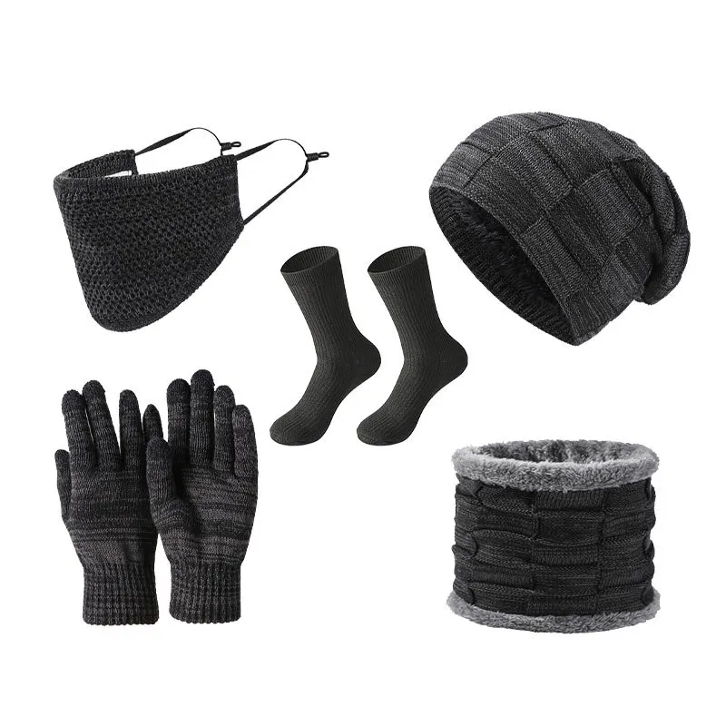 

Warm Fleece Knit Winter Hat Men Scarf & Touch Screen Gloves 5pcs Set - Unisex Adult Winter Gifts