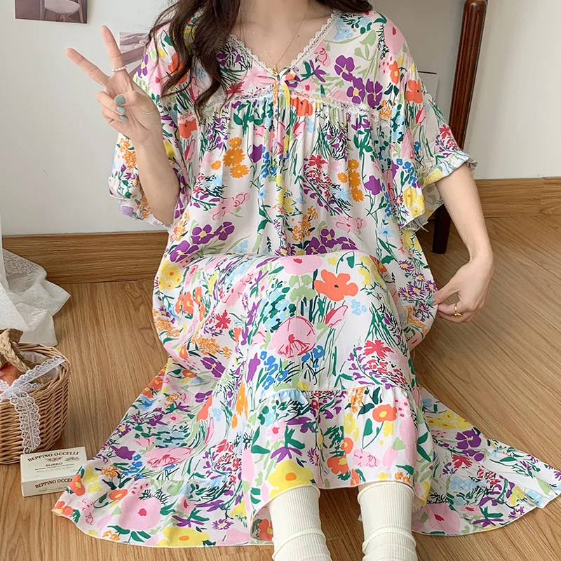 Colorful Printed Nightgown V-neck Lace Bow Tie Pajamas Cotton Silk Sleepwear Short Sleeve Dress Home Casual Clothes for Women