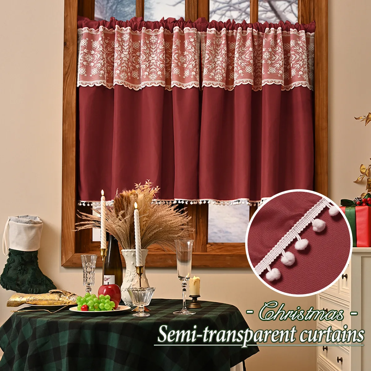 

Window Valance Red Christmas Short Curtains Lace Snowflake Bottom Ball Rod Pocket Simple Semi-sheer Home Valances 132x45cm