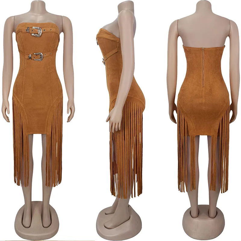 Vestidos Midi sexis sin mangas sin tirantes con dobladillo y borlas para mujer, vestido De noche ajustado con botones De Metal para vacaciones De verano, Vestidos De Fiesta