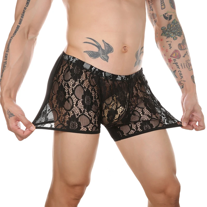 Lace Underwear Men Sexy See Through Panties Boxers Penis Pouch Long Leg Mesh Transparent Underpants Boxer Shorts  gay