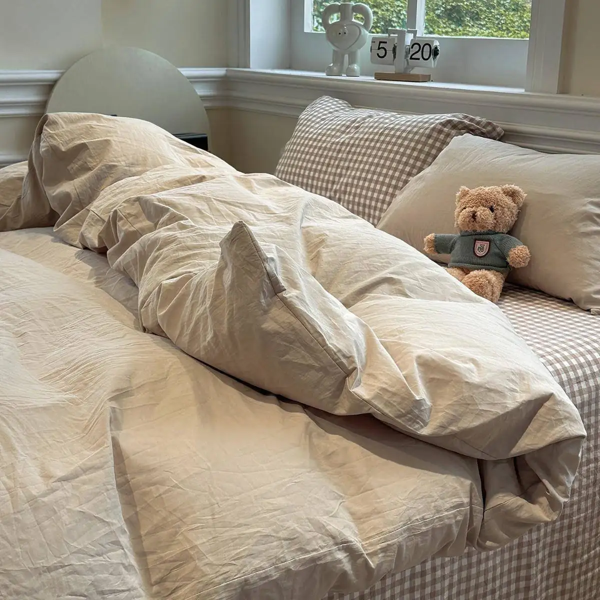 

Soft Washed Cotton Bedding Set Nordic Style Pure Color Double Contrast Quilt Cover Student Dormitory Three Piece Set Bed Four...