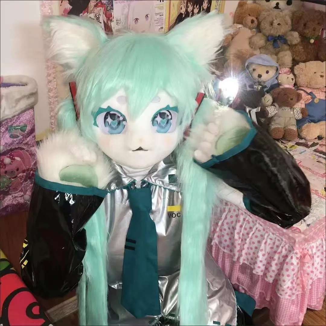 Máscara peluda de Cosplay de Miku, disfraz de cabeza de Kigurumi, máscara de cabeza de Kig de gato, auriculares, disfraz de Animal para fiesta, accesorio de actuación, regalo para niños