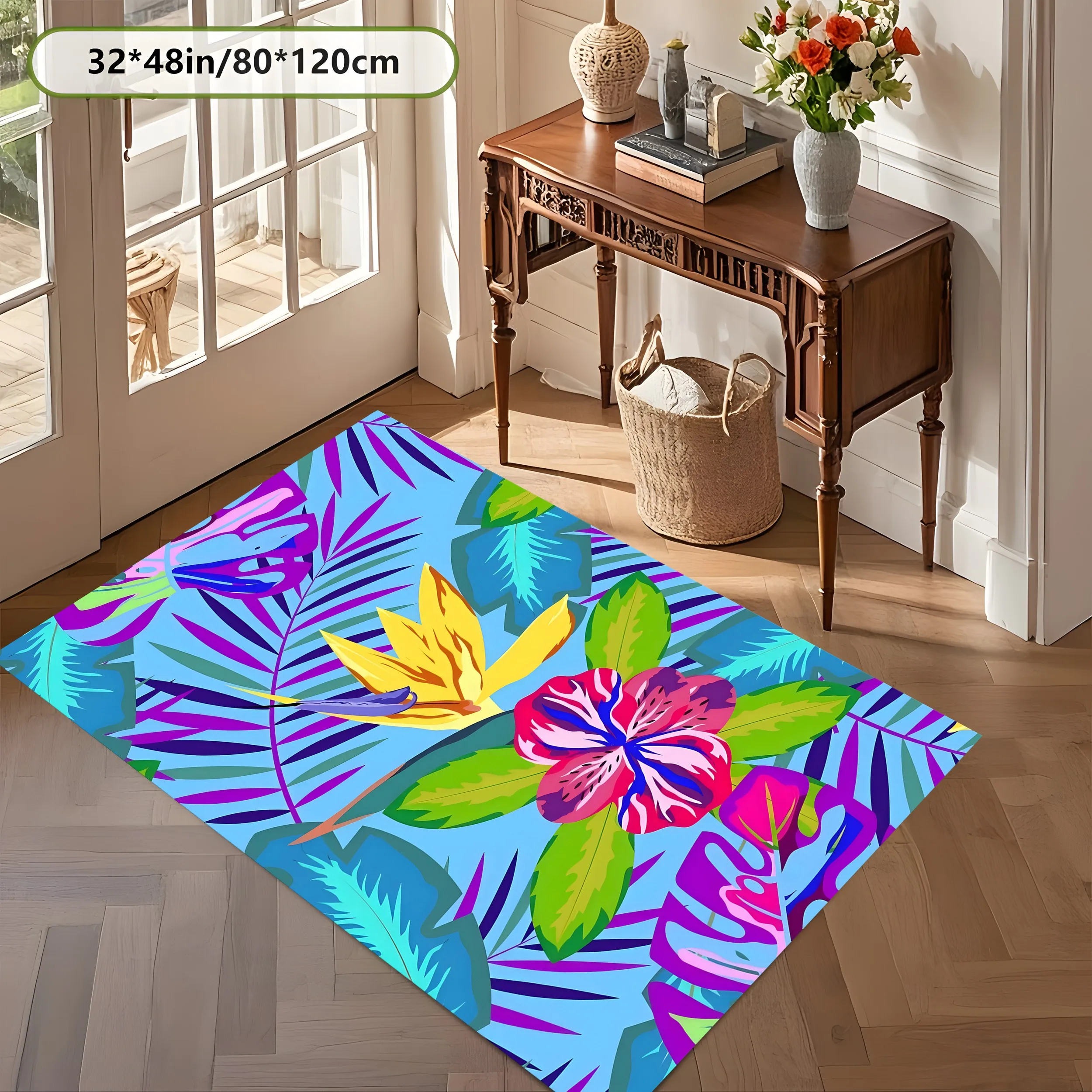 Large Area Rug Tropical Bright Floral Print Soft Velvet Living Room Bedroom Home Decor Area Rug
