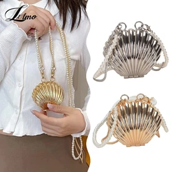 Metal Heart Shell Bag Mini Lipstick Bag Pearl Chain Crossbody Bag Shoulder Bag Handbag Purse Waist Bag Women Makeup Jewelry Bag