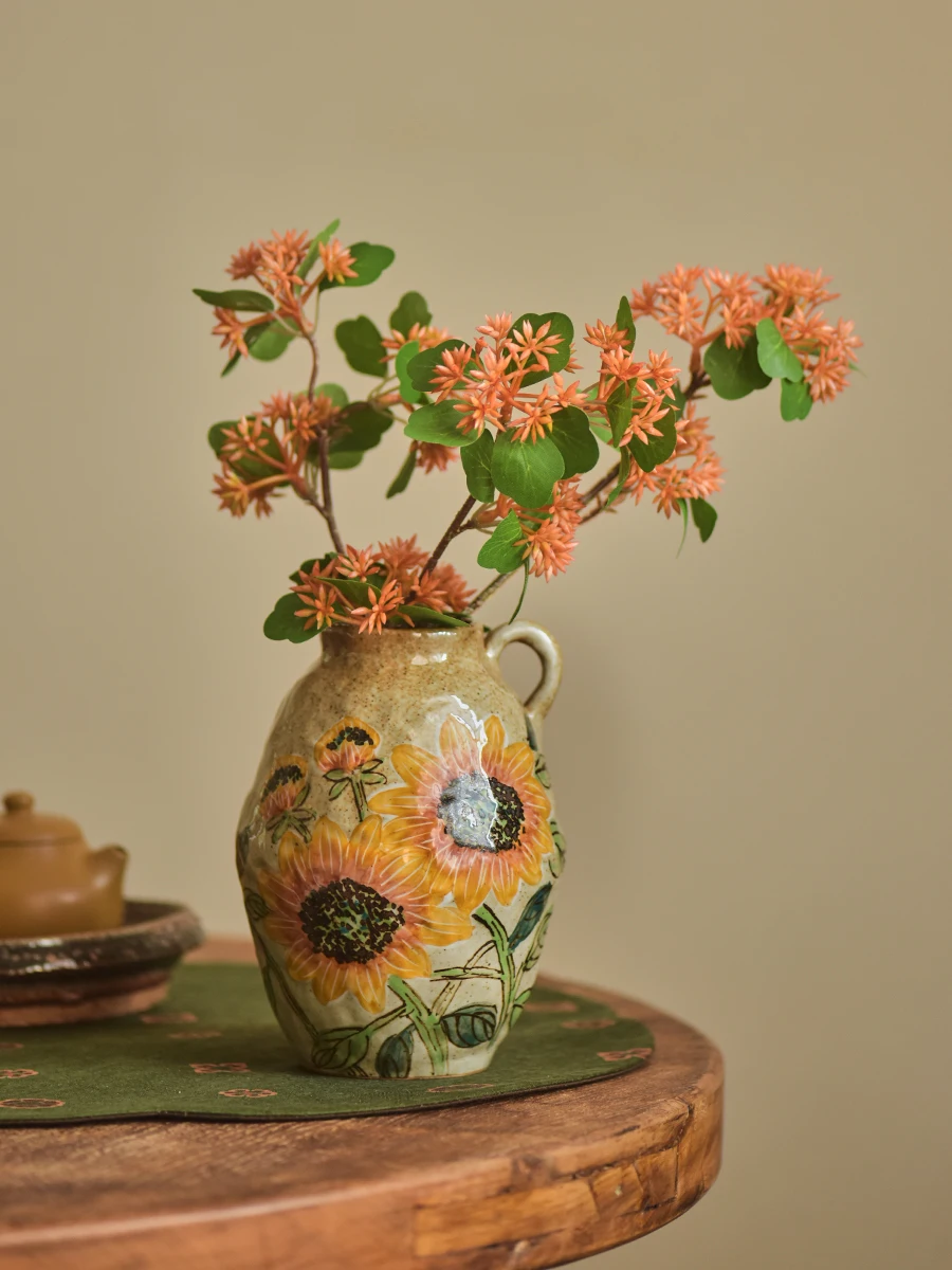 Hydroponic Ceramic Vase Decoration Flower Arrangement Japanese Retro Flower Vase With One Ear Hand-painted Sunflower Pottery Jar