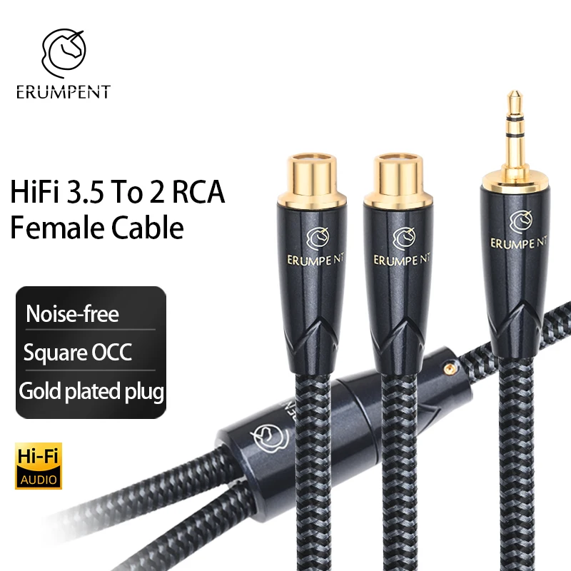 HiFi 3.5 to 2RCA Cable High-end Square OCC Gold Plated Plug Stereo 3.5mm Jack to 2RCA Female Audio Cable for Computer Speaker