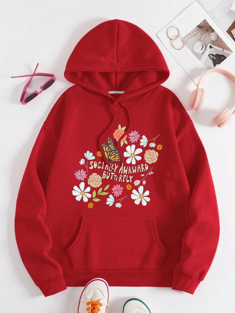 Flowers And Butterflies Hoodie Women Plants Prints Sweatshirt Fleece Warm Pocket Loose Pullover Street Comfortable Woman Clothes