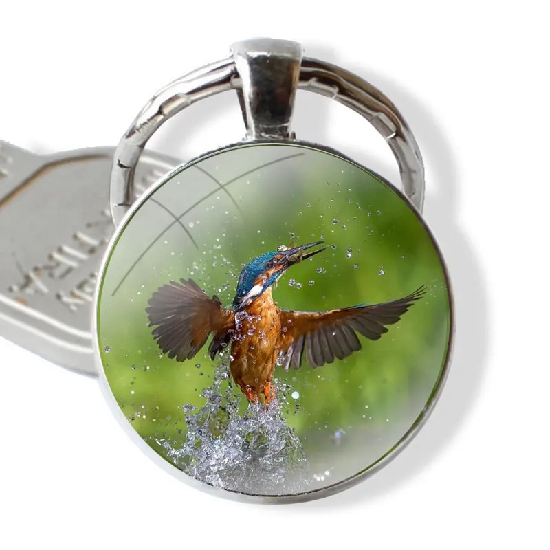 Cute Beautiful Bird Kingfisher 25mm Glass Cabohcon Keychain Key Rings for Women Men Jewelry Gift