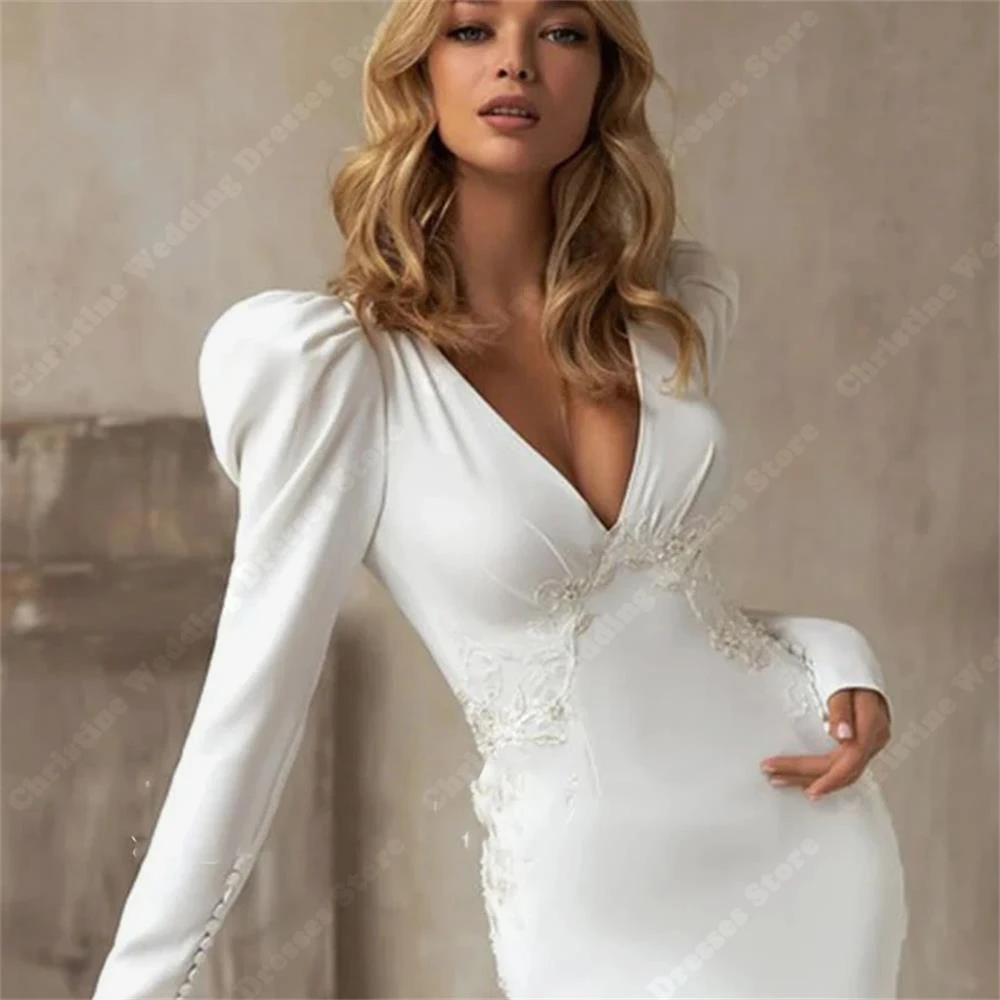 Mermaid Fluffy Long Sleeves Women Wedding Dresses Minimalist Princess Bridal Gowns Mopping Length Wrap Buttocks Vestido De Novia