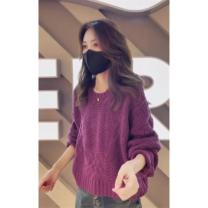 Jesienny sweter damski w jednolitym kolorze, luźny płaszcz, koreańska moda damska, dzianinowa bluzka z długim rękawem, damska dzianinowa kurtka z okrągłym dekoltem.