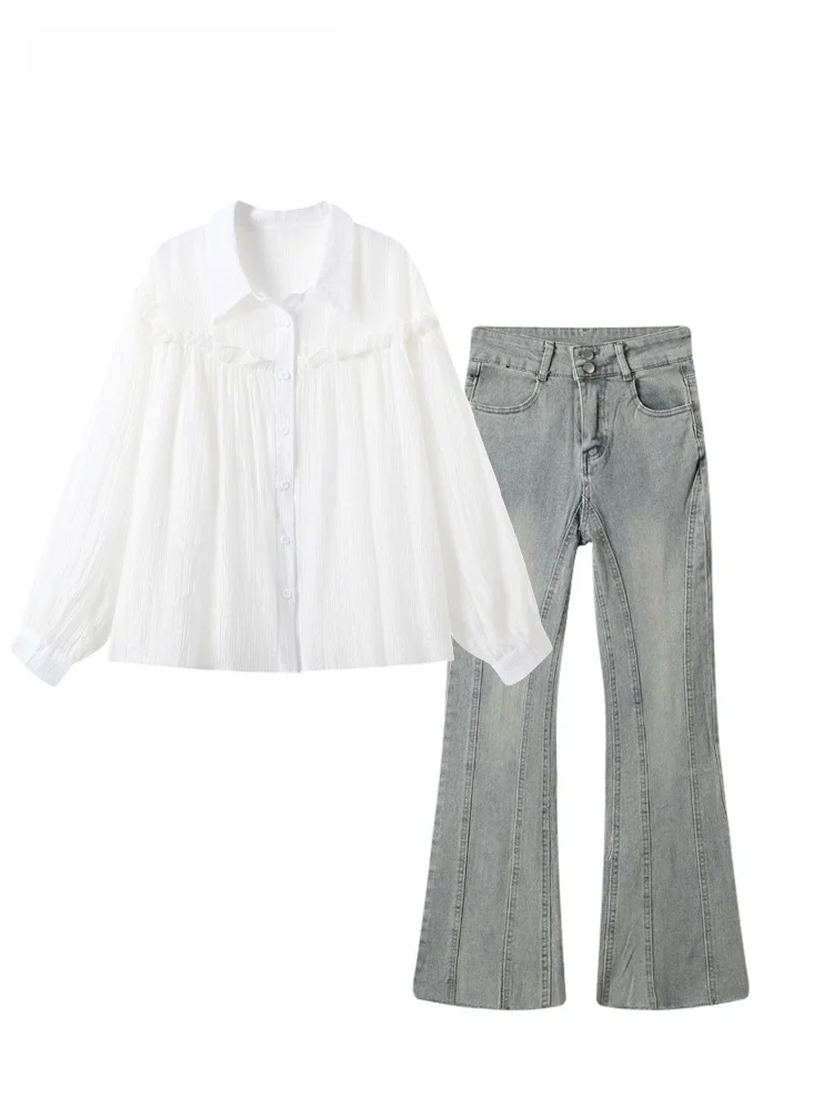 

CaraCLUB plus Size College Style Set Women Summer New Slimming Casual Long Sleeve Denim Shirt Jeans Pants Ladies Fashion