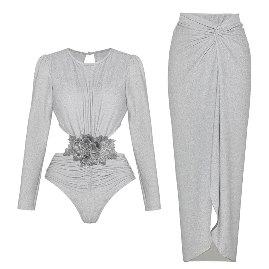 

2023 New Silver Glossy Long Sve Hollow out Swimsuit Women's Sport Fitn Fans Goods Surfing Color Swimsuit