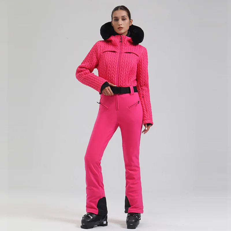 Winter New Fashion Windproof One Piece Ski Suit Hooded Slim Fit Solid Women Winter Outdoor Snowboard Sports Thermal Snow Clothes